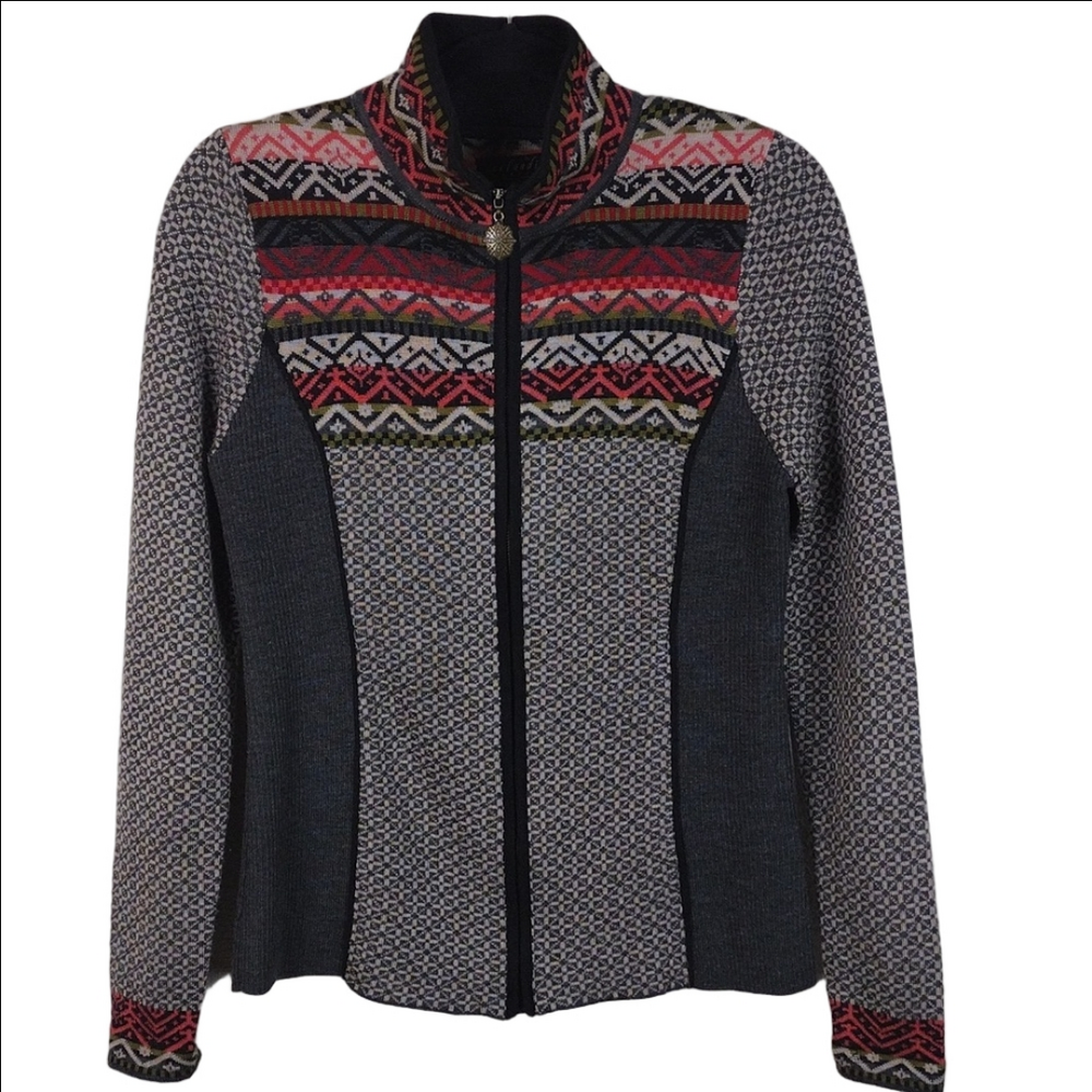 Icelandic Design Grey Fair Isle Wool Long Sleeve Full Zip Cardigan Sweater